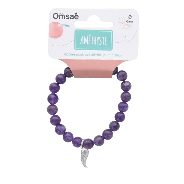 Bracelet Améthyste Perles rondes 8 mm et Breloque Aile d'ange