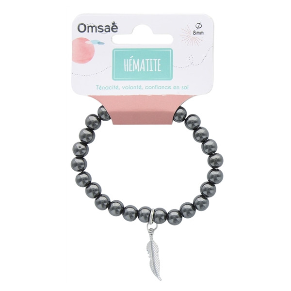 Bracelet Hématite Perles rondes 8 mm et Breloque Plume