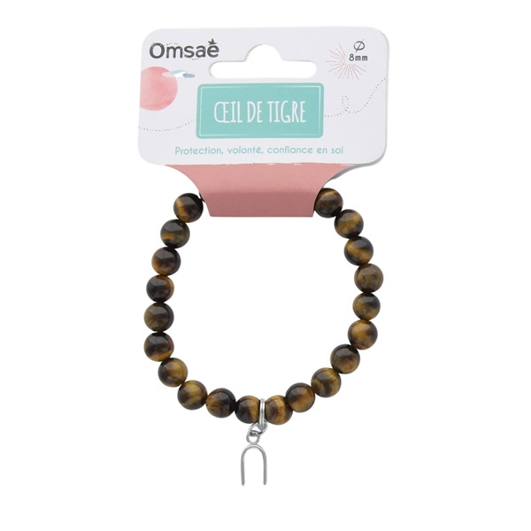 Bracelet Oeil de tigre Perles rondes 8 mm et Breloque Fer à cheval