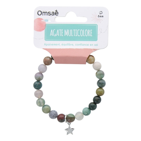 Bracelet Agate Multicolore Perles rondes 8 mm et Breloque Étoile