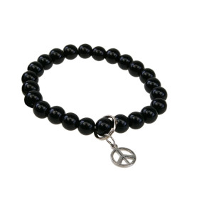 Bracelet Onyx Perles rondes 8 mm et Breloque Paix