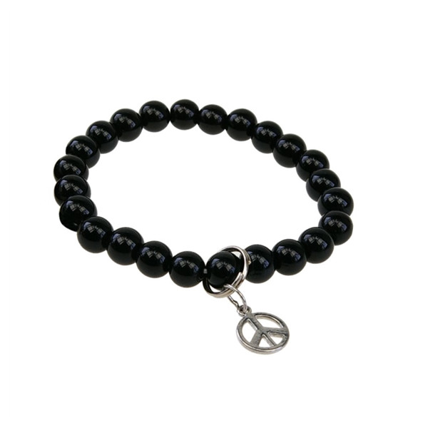 Bracelet Onyx Perles rondes 8 mm et Breloque Paix