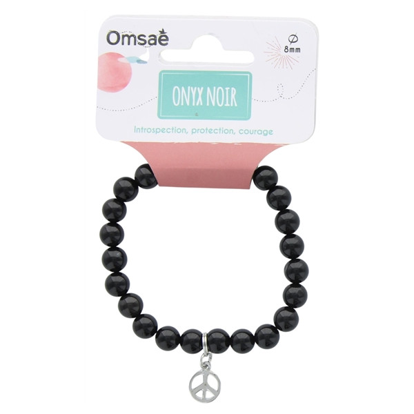 Bracelet Onyx Perles rondes 8 mm et Breloque Paix
