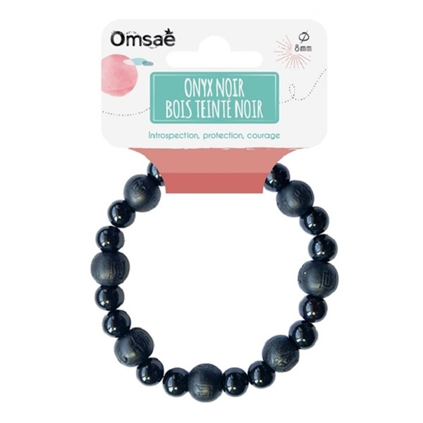 Bracelet Onyx Perles rondes 8 mm et Perles bois teinté noir 1 cm
