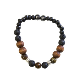 Bracelet Pierre de lave, Bois, Oeil de Tigre, Hématite Perles rondes