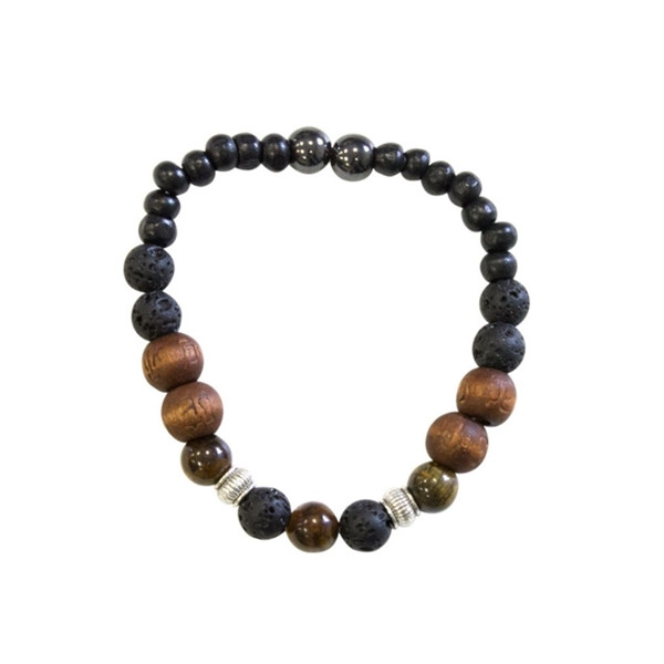 Bracelet Pierre de lave, Bois, Oeil de Tigre, Hématite Perles rondes