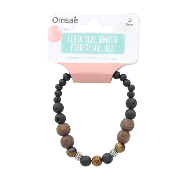 Bracelet Pierre de lave, Bois, Oeil de Tigre, Hématite Perles rondes