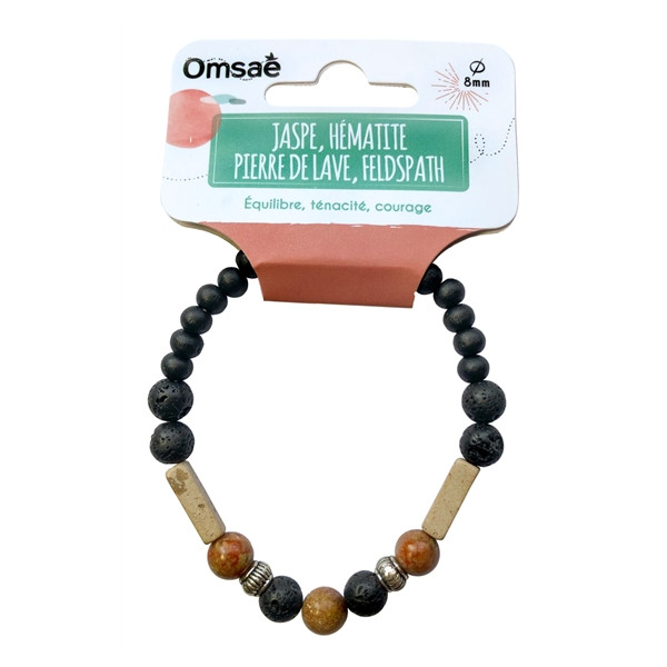 Bracelet Pierre de lave, Jaspe, Bois, Hématite Perles rondes