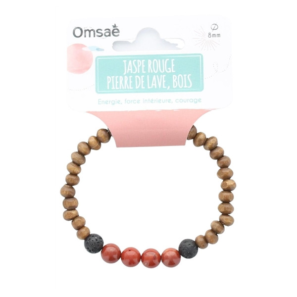 Bracelet Bois, Jaspe Rouge et Pierre de lave Perles rondes 8 mm