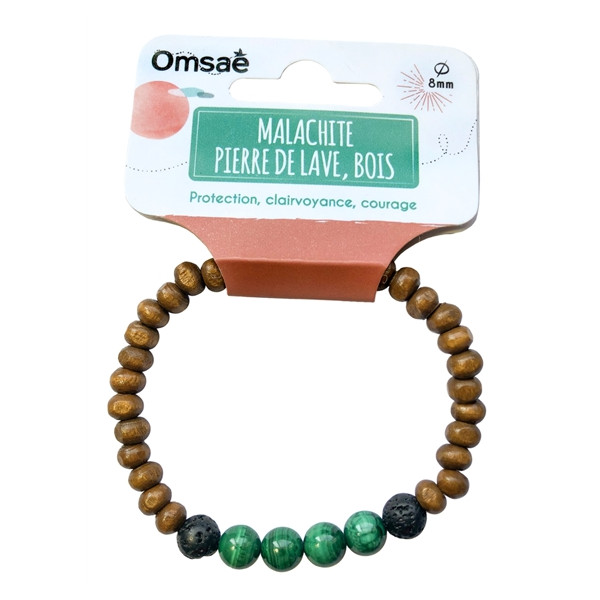 Bracelet Bois, Malachite et Pierre de lave Perles rondes 8 mm