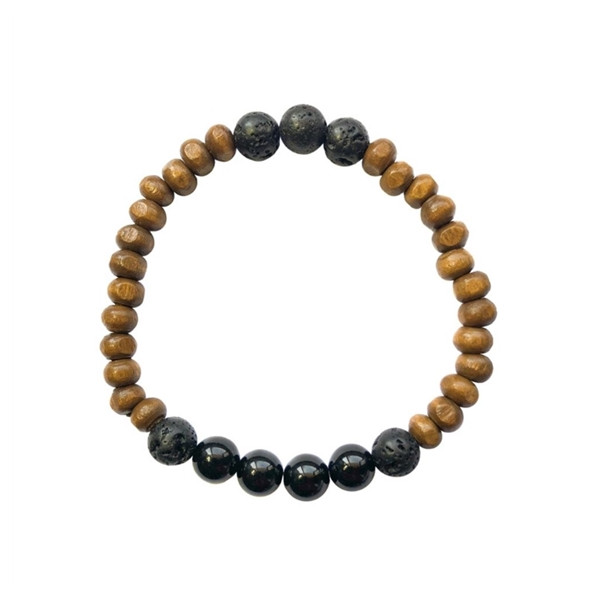 Bracelet Bois, Tourmaline et Pierre de lave Perles rondes 8 mm