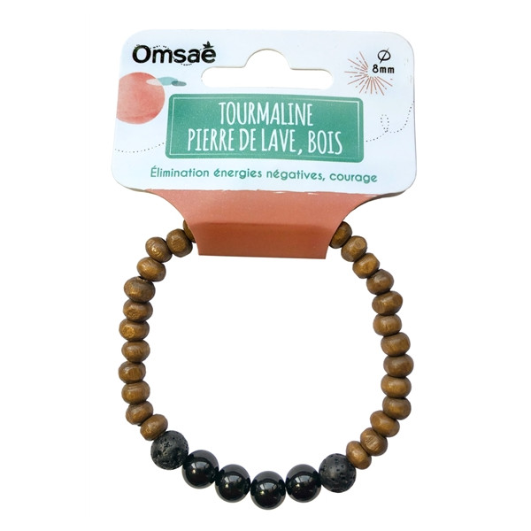 Bracelet Bois, Tourmaline et Pierre de lave Perles rondes 8 mm