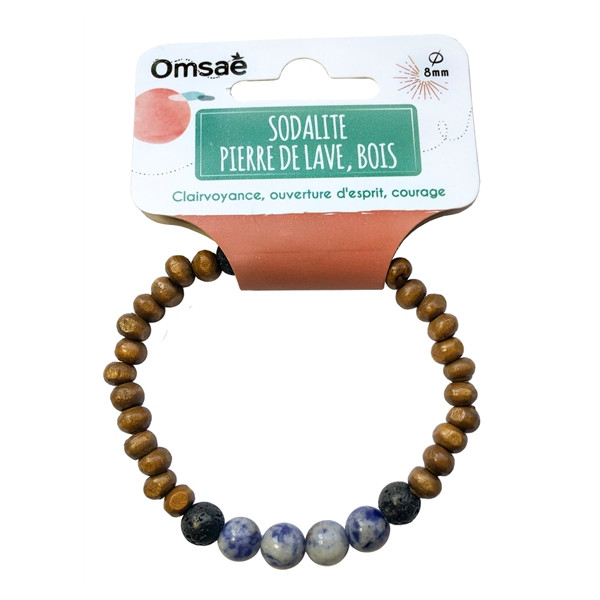 Bracelet Bois, Sodalite et Pierre de lave Perles rondes 8 mm
