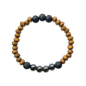 Bracelet Bois, Hématite et Pierre de lave Perles rondes 8 mm