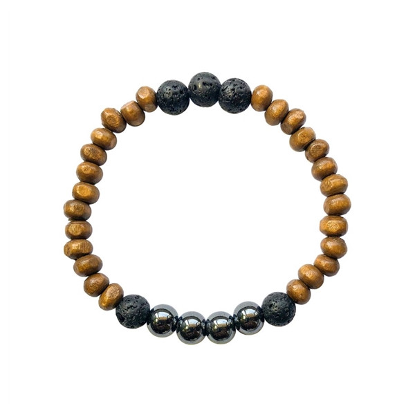 Bracelet Bois, Hématite et Pierre de lave Perles rondes 8 mm