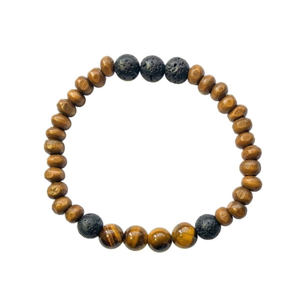 Bracelet Bois, Oeil de Tigre et Pierre de lave Perles rondes 8 mm