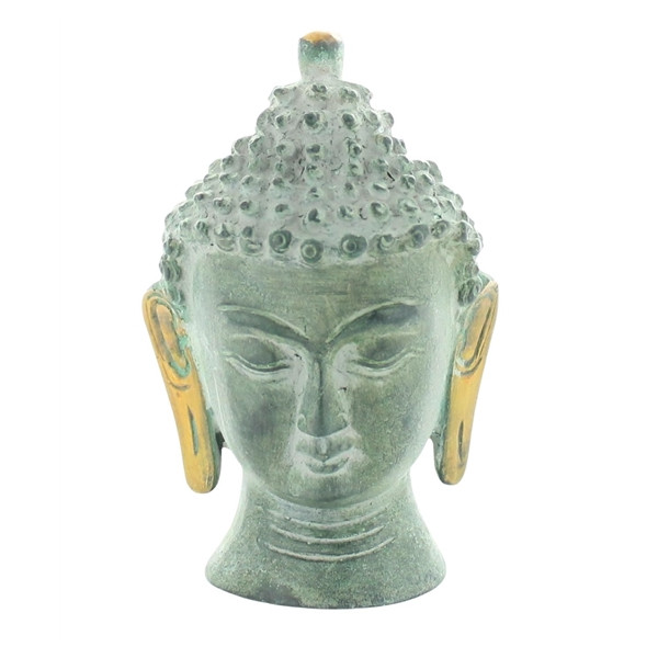 Statuette Tête de Bouddha en Laiton vert antique 11.5 cm