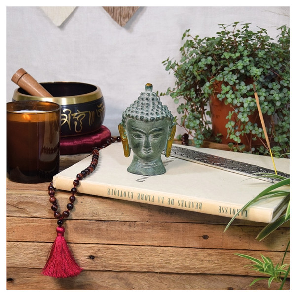 Statuette Tête de Bouddha en Laiton vert antique 11.5 cm