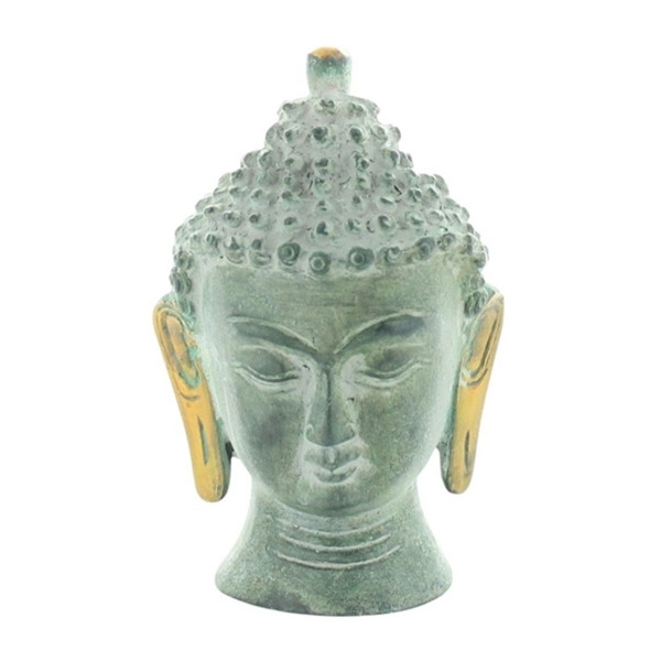 Statuette Tête de Bouddha en Laiton vert antique 11.5 cm