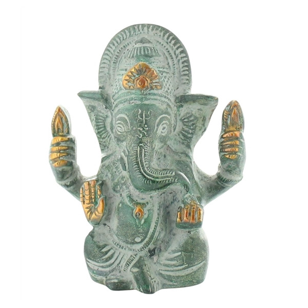 Statuette Ganesh assis en Laiton vert antique 9.2 cm