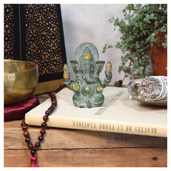 Statuette Ganesh assis en Laiton vert antique 9.2 cm