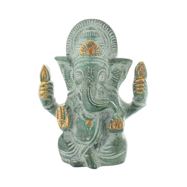 Statuette Ganesh assis en Laiton vert antique 9.2 cm