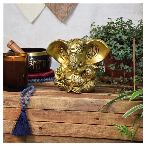 Statuette Ganesh assis en Laiton doré mat 14 cm