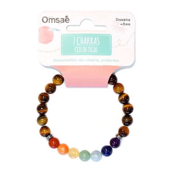 Bracelet 7 Chakras Oeil de tigre Perles rondes 8 mm
