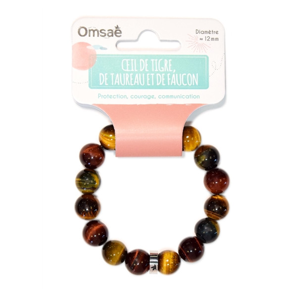 Bracelet Mix Oeil de Tigre de Taureau et de Faucon Perles rondes 12 mm