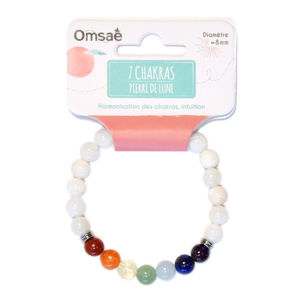 Bracelet 7 Chakras Pierre de lune Perles rondes 8 mm