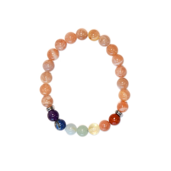 Bracelet 7 Chakras Pierre de soleil Perles rondes 8 mm