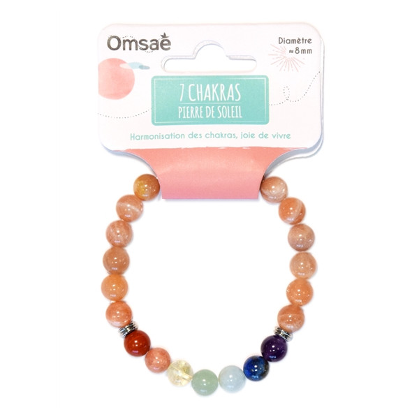 Bracelet 7 Chakras Pierre de soleil Perles rondes 8 mm