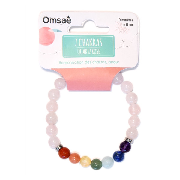 Bracelet 7 Chakras Quartz rose Perles rondes 8 mm