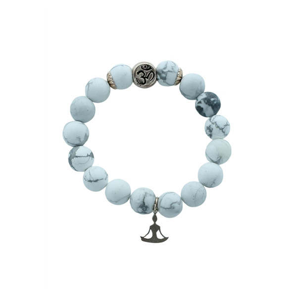 Bracelet Magnésite Perles rondes 10 mm Breloque Yoga Lotus