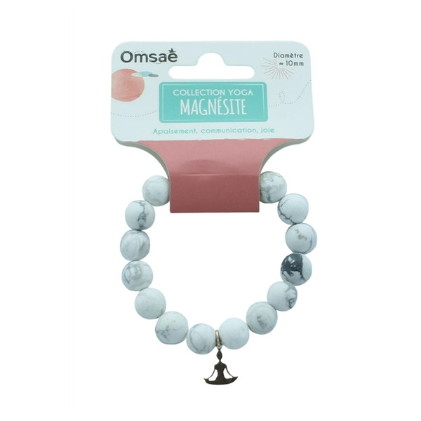 Bracelet Magnésite Perles rondes 10 mm Breloque Yoga Lotus