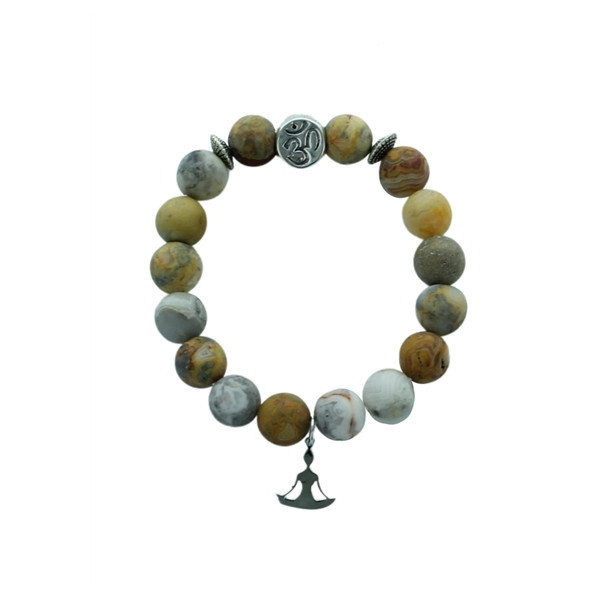 Bracelet Agate Crazy Lace Perles rondes 10 mm Breloque Yoga Lotus