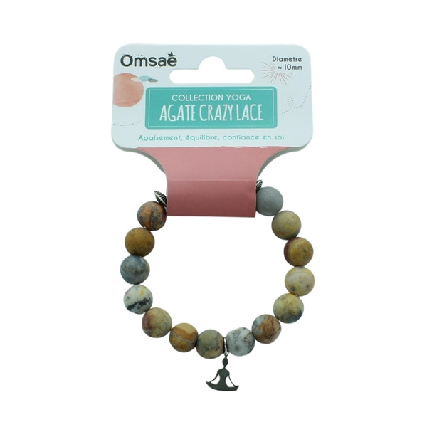 Bracelet Agate Crazy Lace Perles rondes 10 mm Breloque Yoga Lotus