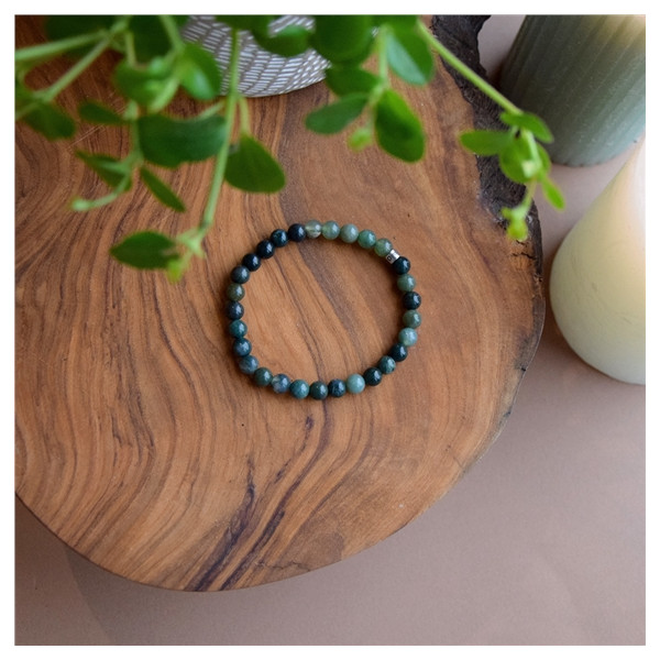 Bracelet Agate Mousse Perles rondes 6 mm