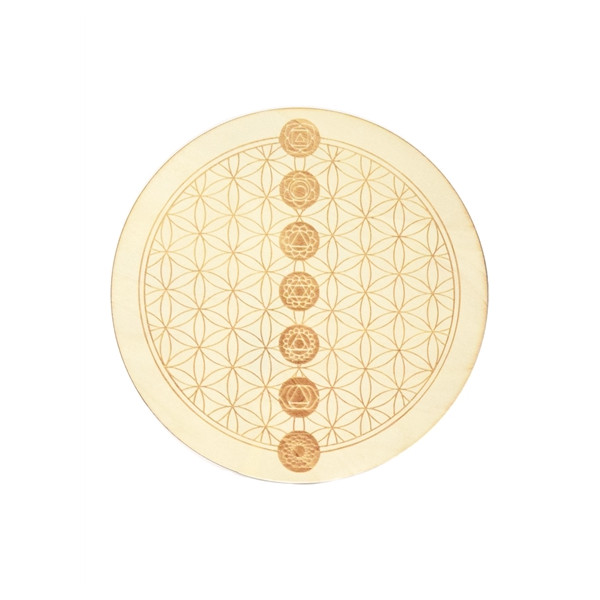 Socle de rechargement en bois Fleur de Vie et Chakras gravés 20 cm