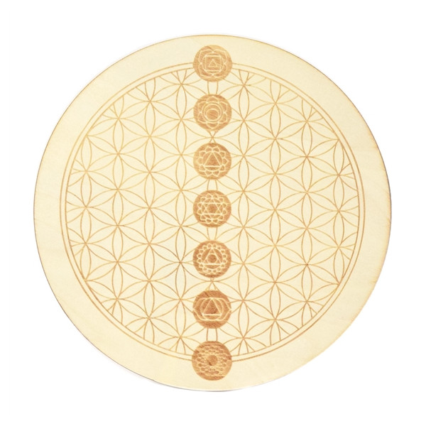 Socle de rechargement en bois Fleur de Vie et Chakras gravés 20 cm