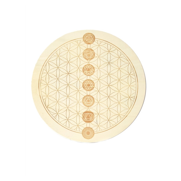 Socle de rechargement en bois Fleur de Vie et Chakras gravés 30 cm