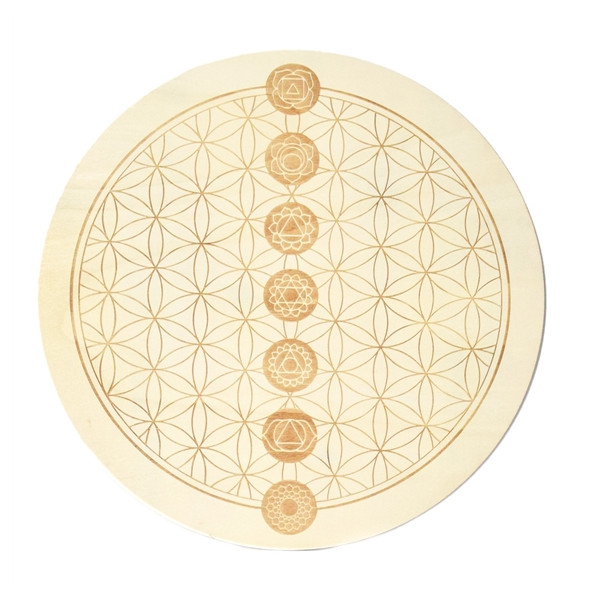 Socle de rechargement en bois Fleur de Vie et Chakras gravés 30 cm