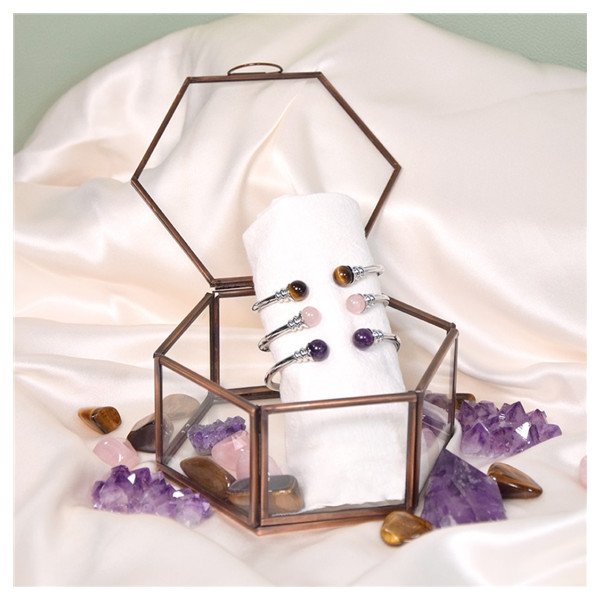 Bracelet cuivre avec Aimants Jonc Métal argenté Perles Quartz Rose