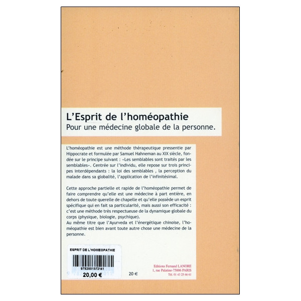L'Esprit de l'homéopathie - Pour une médecine globale de la personne
