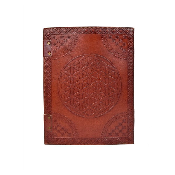 Grimoire en cuir Acajou Fleur de vie - Grand Format