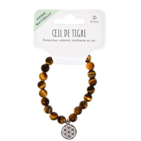 Bracelet il de tigre perles rondes 8 mm et breloque Fleur de vie