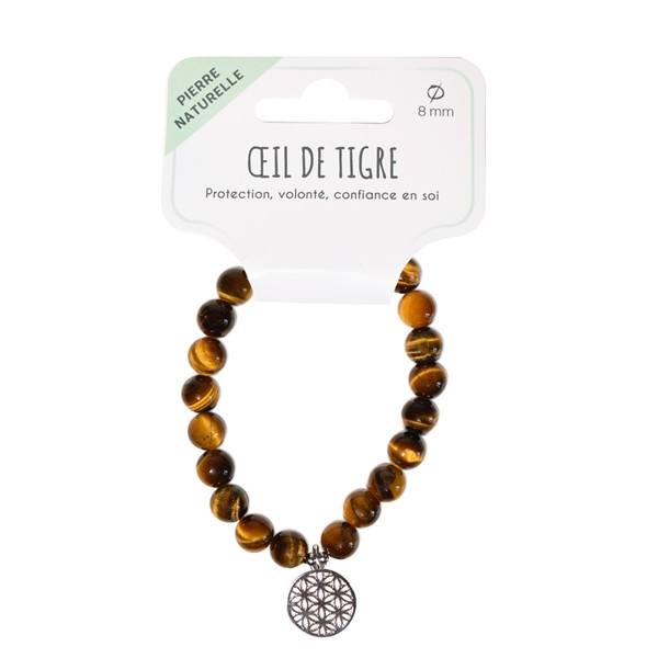 Bracelet il de tigre perles rondes 8 mm et breloque Fleur de vie