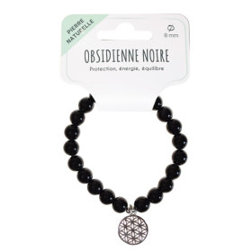 Bracelet Obsidienne noire perles rondes 8 mm et breloque Fleur de vie
