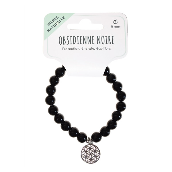 Bracelet Obsidienne noire perles rondes 8 mm et breloque Fleur de vie