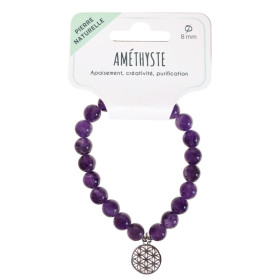 Bracelet Améthyste perles rondes 8 mm et breloque Fleur de vie